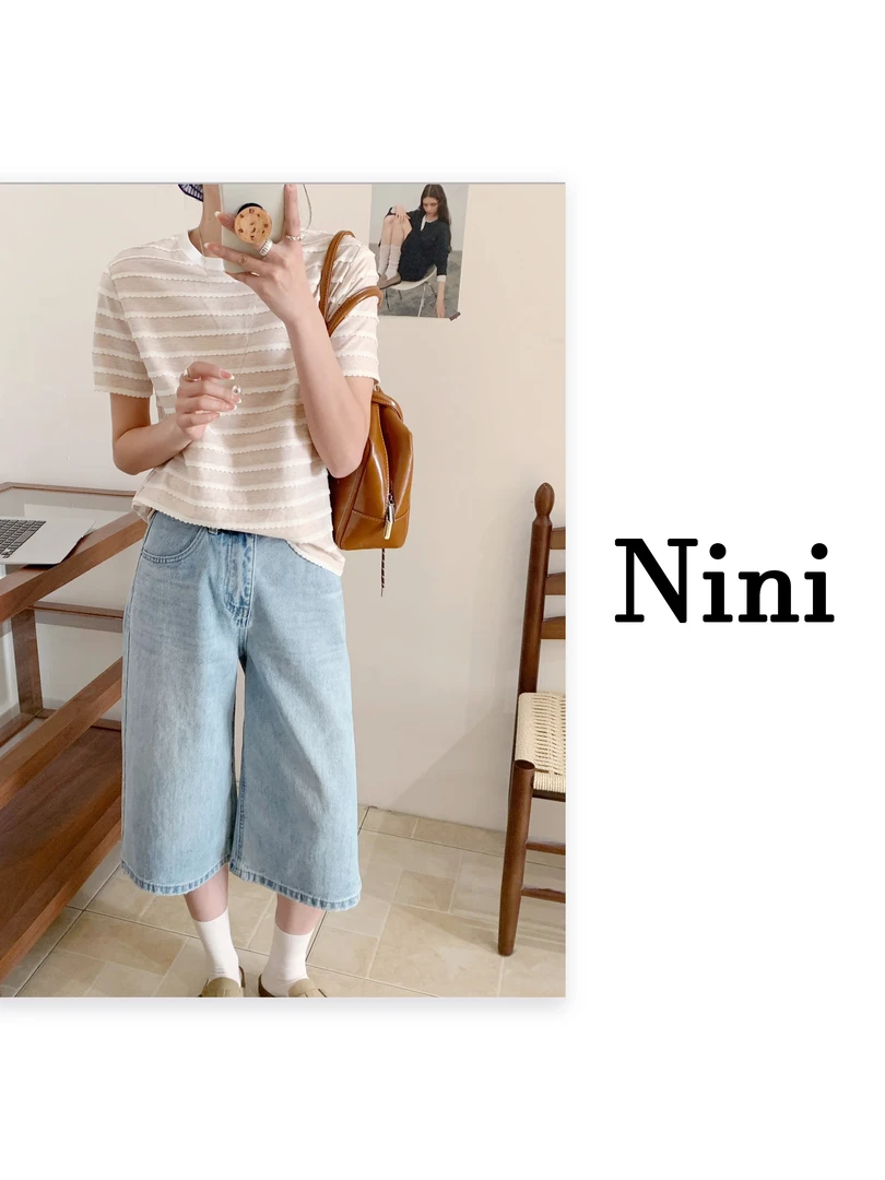 Nini 春夏新款经典小甜风波浪纹拼领显瘦韩版短袖 - 2778