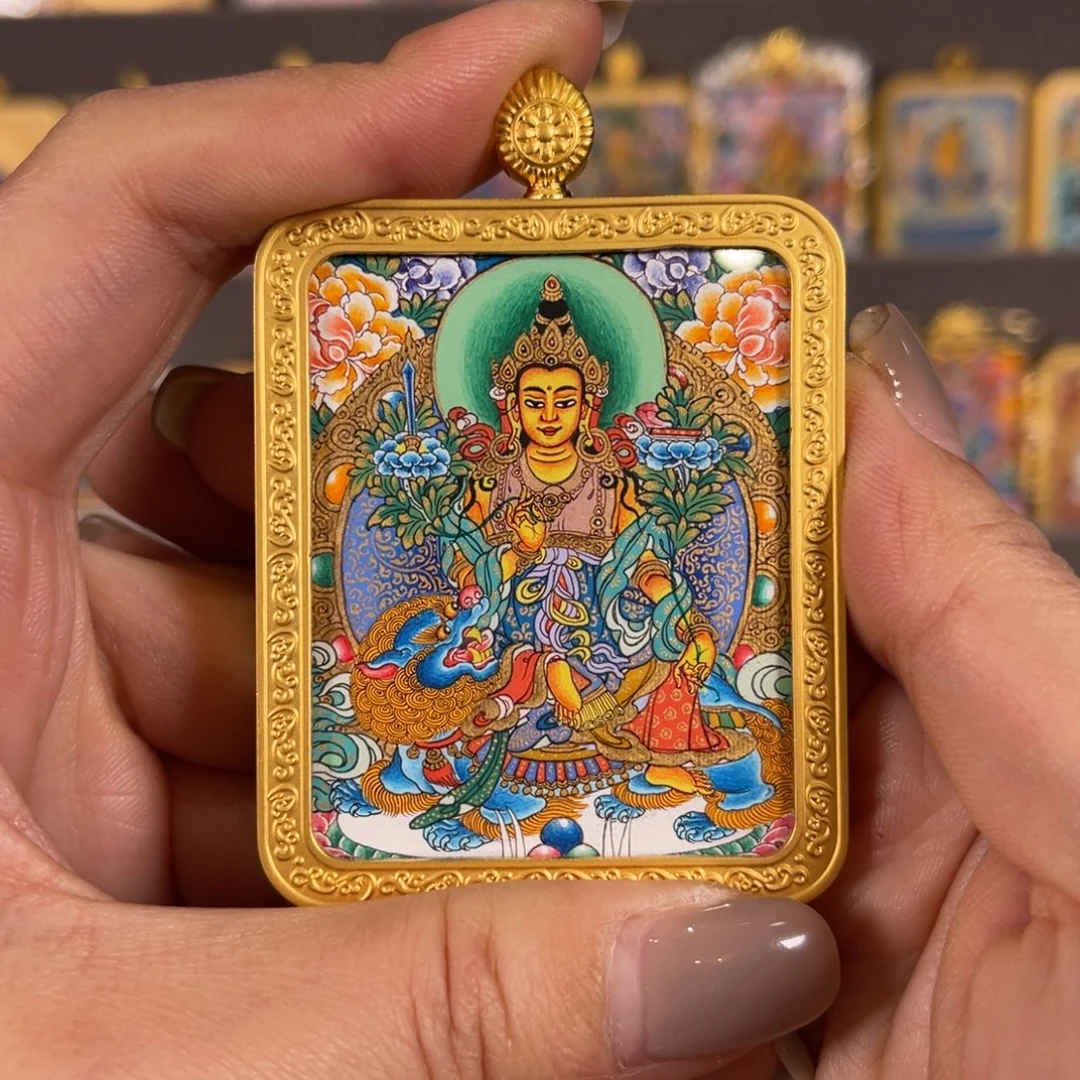 吊坠狮吼文殊彩唐满工完德加青海热贡唐卡