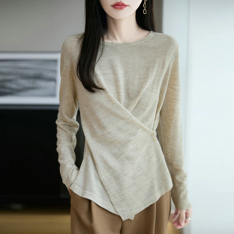 品牌女装正品女士彩麻交叉T恤圆领长袖扎染多纯色透气秋季百搭