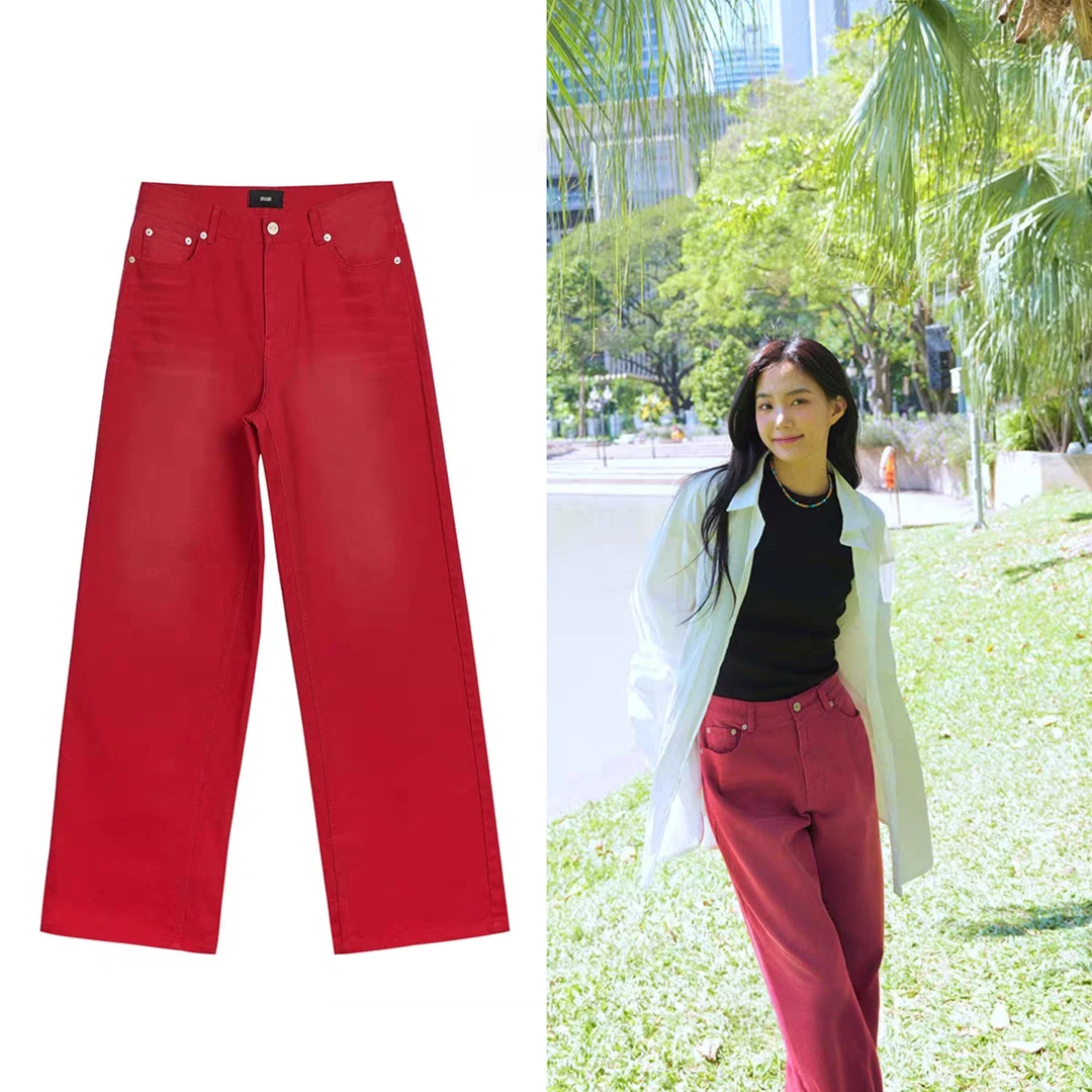 A30 新SPELL2025春季新品水洗玫瑰牛仔裤ins红色高腰直筒休闲裤