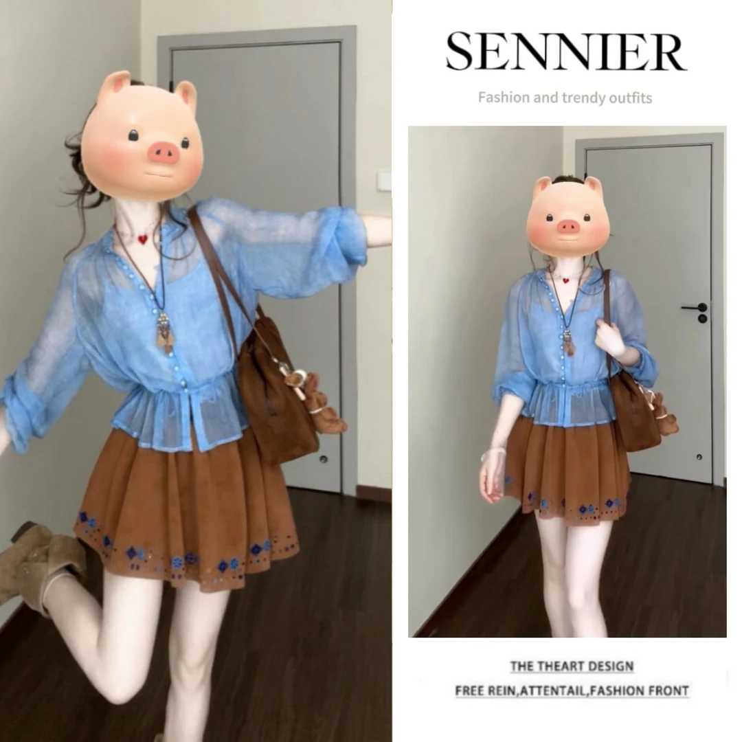 【现货】2025夏季爆款韩系蓝色防晒衬衫上衣女复古绣花半身短裙套装