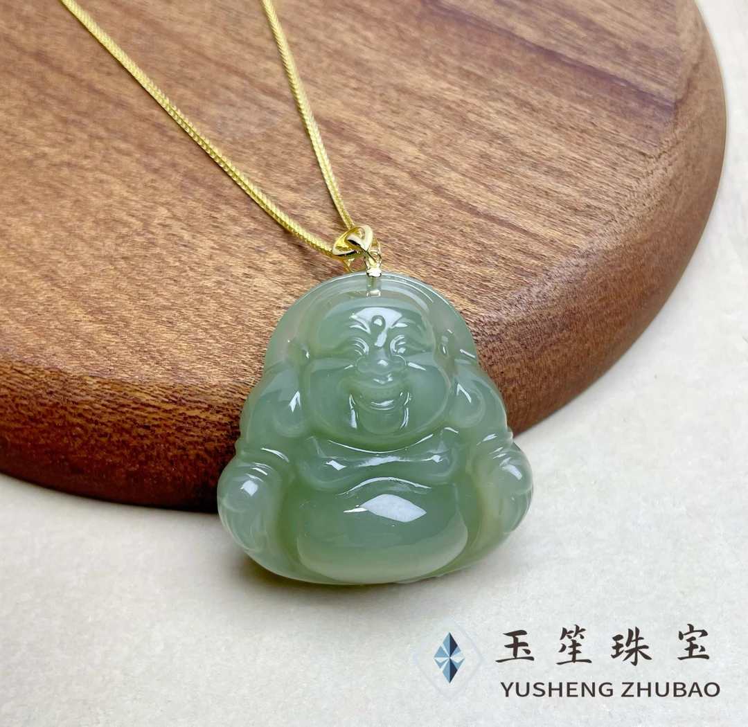 玉笙珠宝-【大福】-YS859-18K金镶嵌-天然和田玉湖水绿佛公吊坠气质