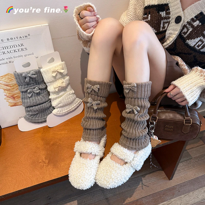 新款棉袜套女秋冬蝴蝶结堆堆袜加厚保暖复古森系少女针织毛线腿套