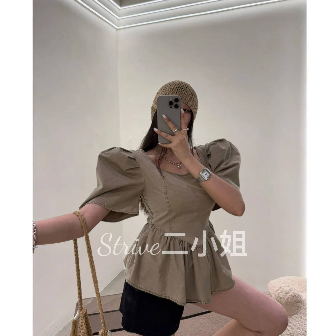 【时髦聚焦】原单泡菜定制重工斜纹牛仔布荷叶摆收腰显瘦泡泡袖上衣