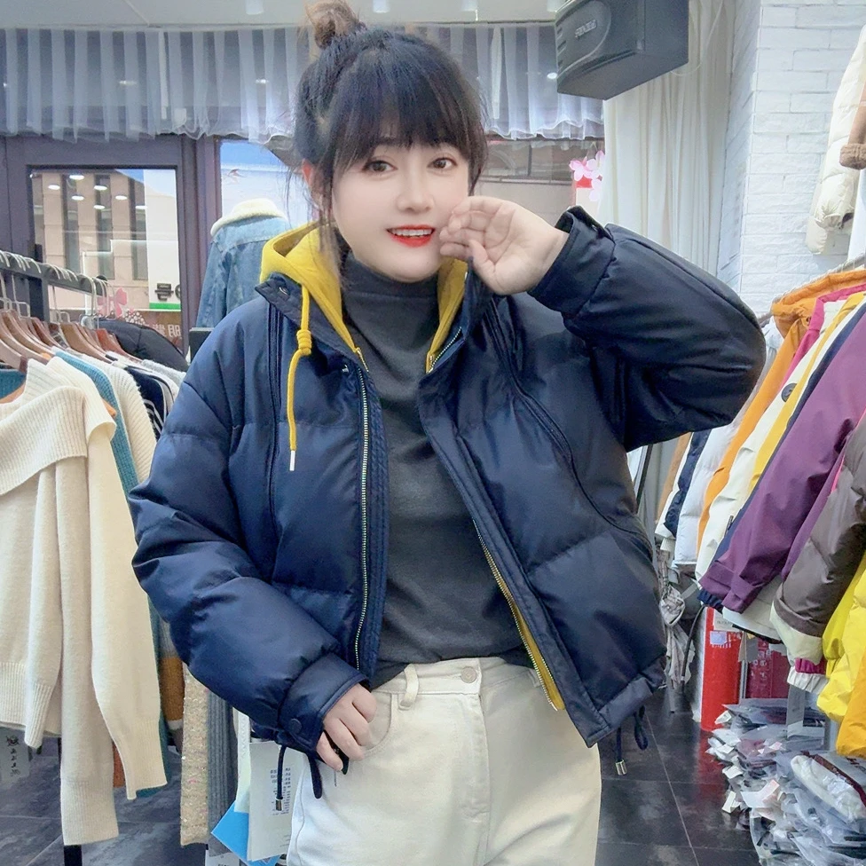 冬季新品连帽假两件拼接加厚高档仿皮羽绒服女棉衣显瘦百搭棉服潮