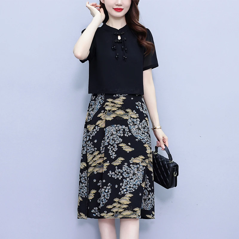 高端夏装盘扣显瘦时尚连衣裙新中式减龄洋气中年妈妈款A字裙遮肚