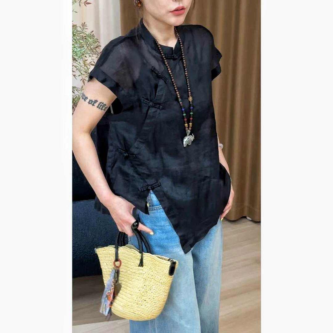 玖了个玖 极简百搭盘扣开叉夏季新中式国风女士上衣 2506C3640