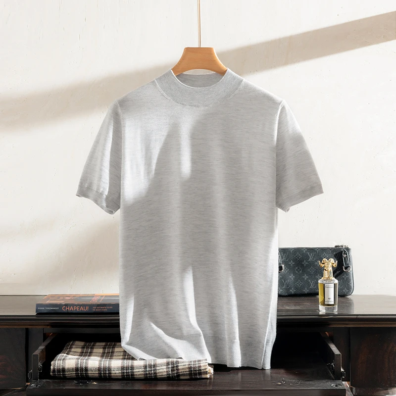 【不议价】男士精纺纯羊绒纯色平面百搭半高领羊绒短袖休闲针织半袖