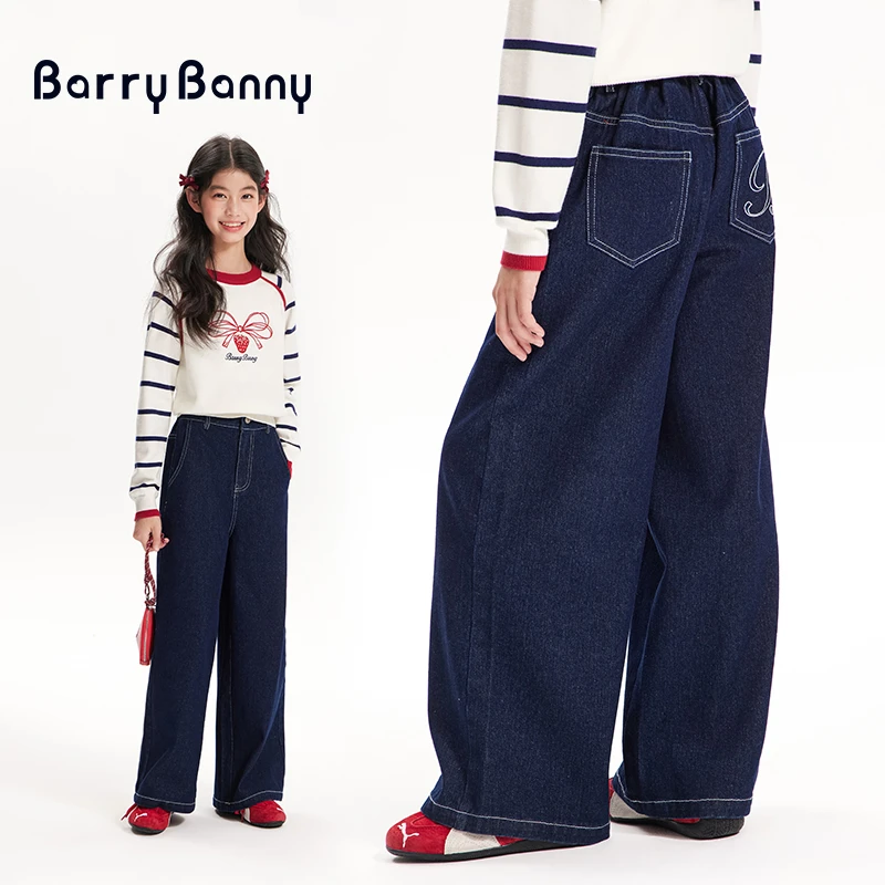 BarryBanny女童复古水洗牛仔裤2025春季新款刺绣休闲儿童阔腿裤