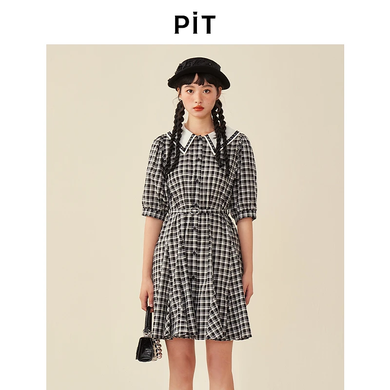 【黄蓉推荐】pit复古法式莱赛尔轻薄收腰短袖连衣裙女秋新款