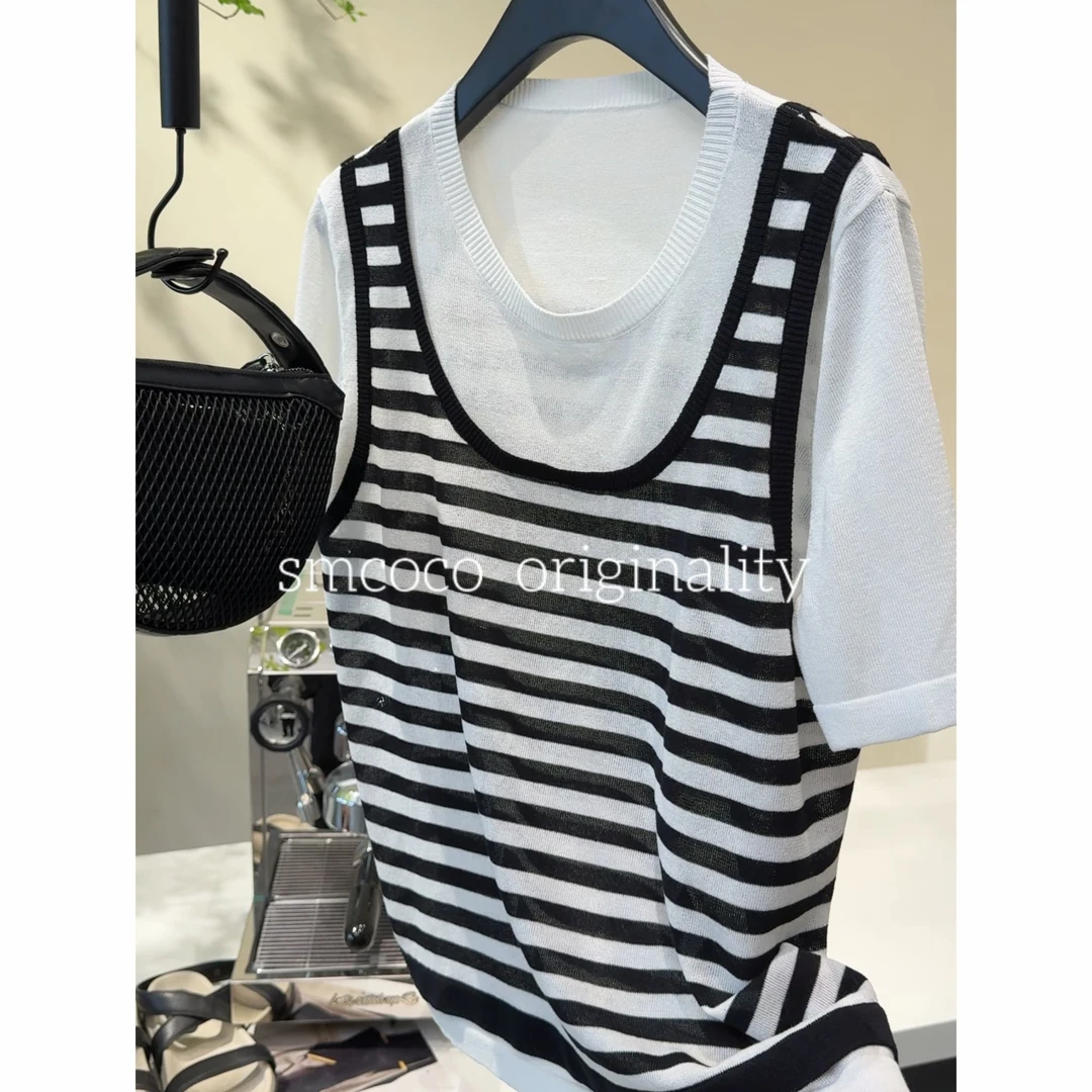 【夏季新款】条纹U型拼接假两件时尚气质显瘦百搭针织衫ZG0603