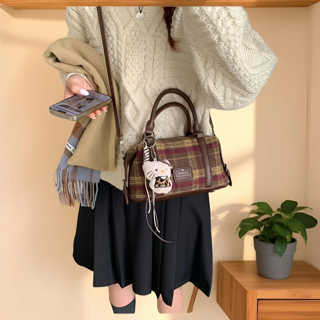 网红百搭斜挎包小众双根单肩格子时尚女士复古手提包