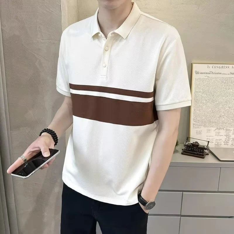 2023夏季新款翻领短袖POLO衫男潮流拼接撞色半袖T恤衫青少年修身