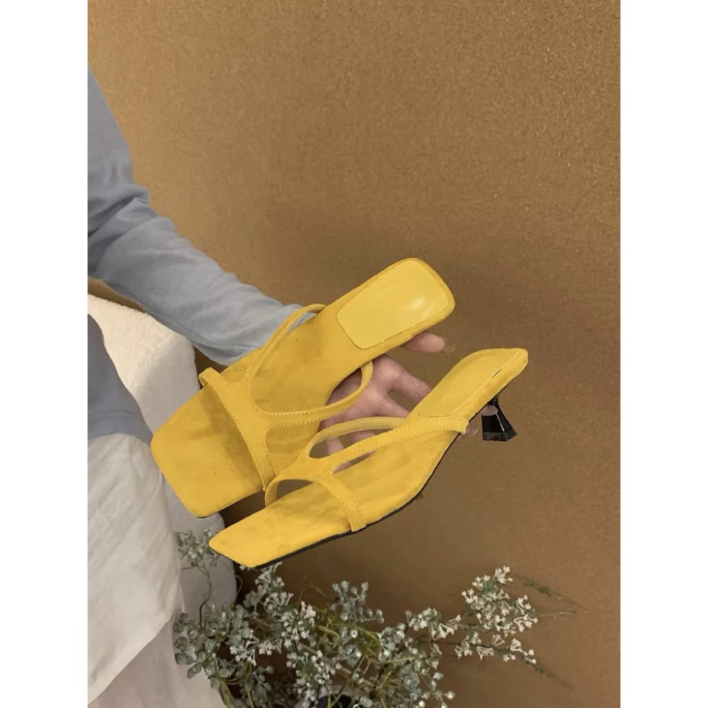 2025夏季新款气质网红时尚外穿细跟方头一字带高跟女鞋法式凉拖