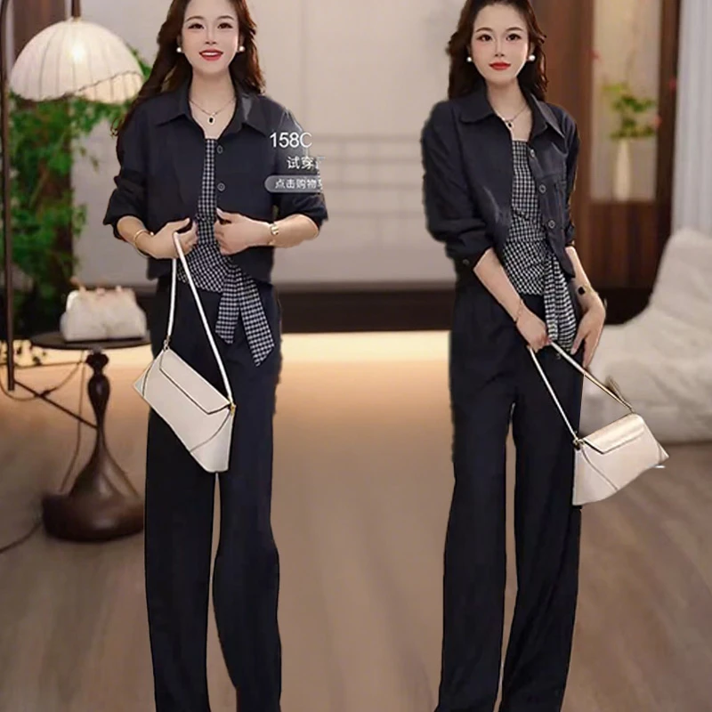 时尚休闲套装女2025秋季新款洋气显瘦设计感格子吊带阔腿裤三件套