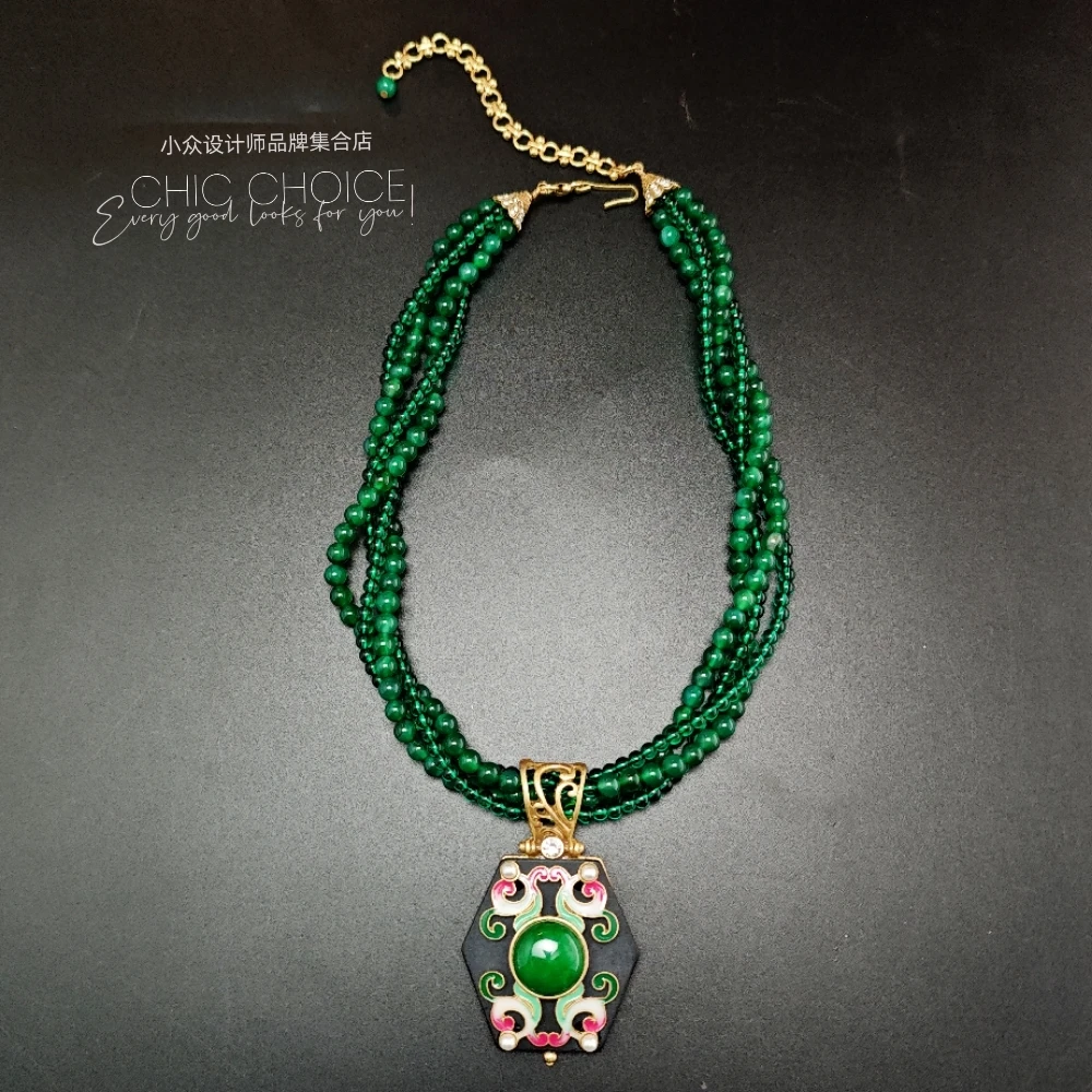 合金琉璃项链 铜合金复古绿色水晶新中式气质手工项链