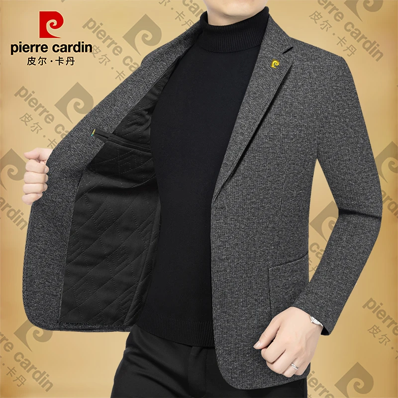 皮尔卡丹男士西服加棉加厚西装领秋冬季雪尼尔保暖男装外套上衣潮