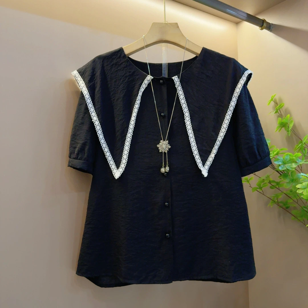 时尚夏季新款花边泡泡袖圆领拼接百搭宽松短袖上衣（长60左右）