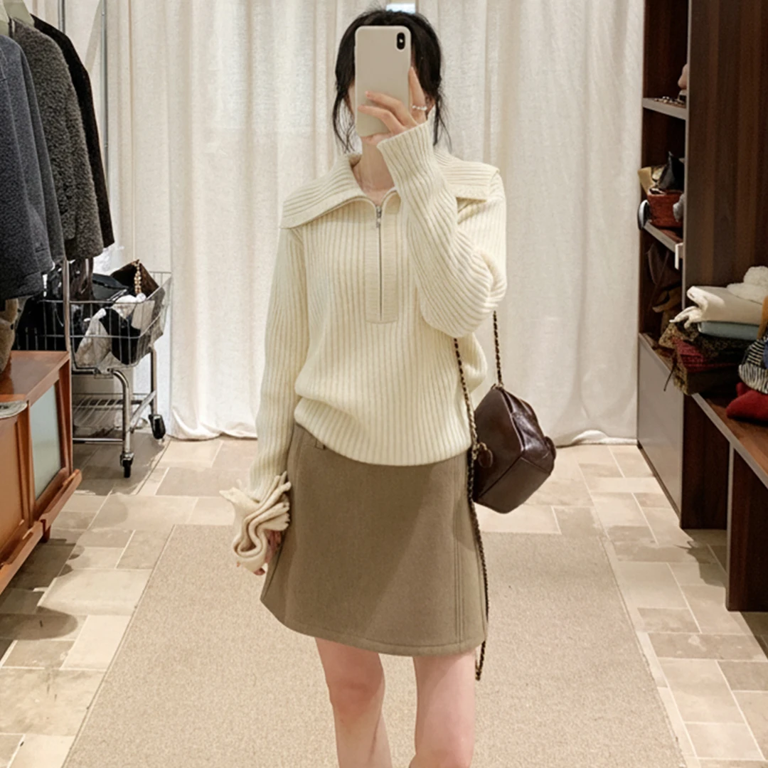 老钱风大翻领拉链针织毛衣女冬季白色慵懒风百搭上衣