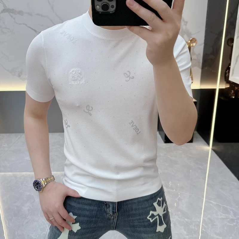 2025夏季新款时尚字母烫钻帅气百搭冰丝短袖T恤男薄款针织半袖