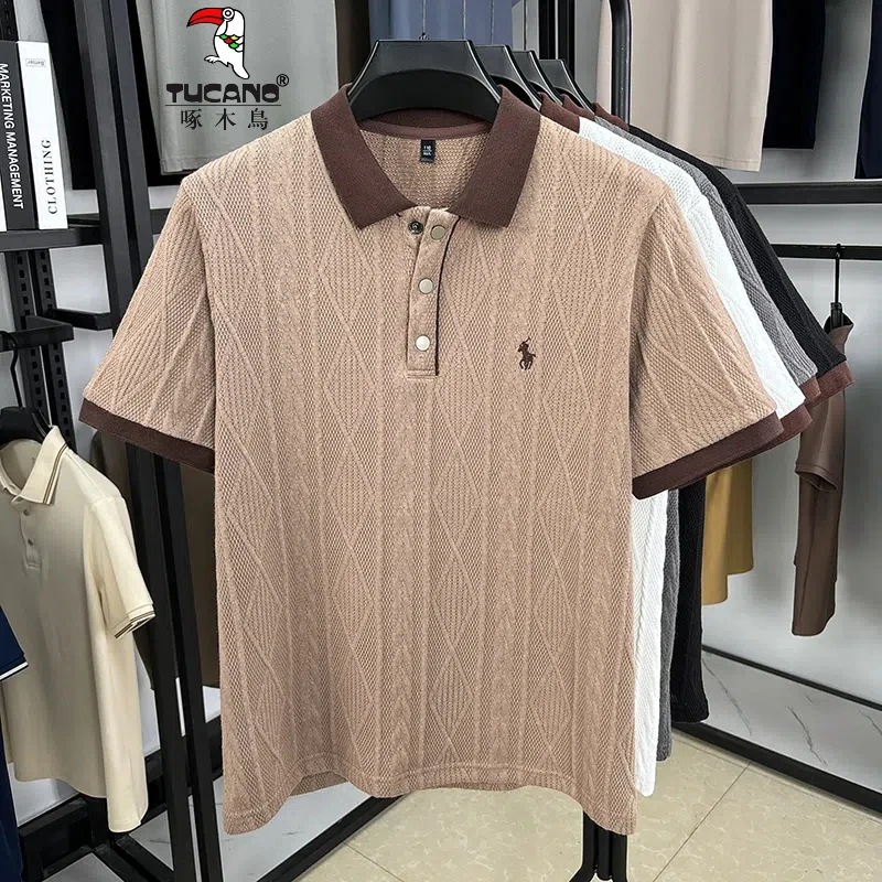 啄木鸟新款短袖t恤男翻领刺绣Polo衫夏季纯色T恤宽松半袖上衣男