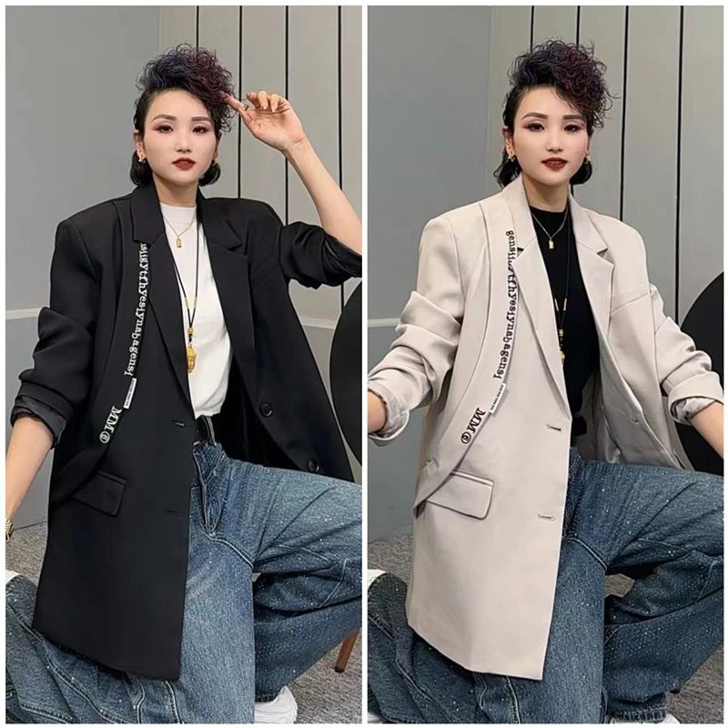 法式长袖字母西装外套女春季新款宽松中长款高级感垂感上衣-80505