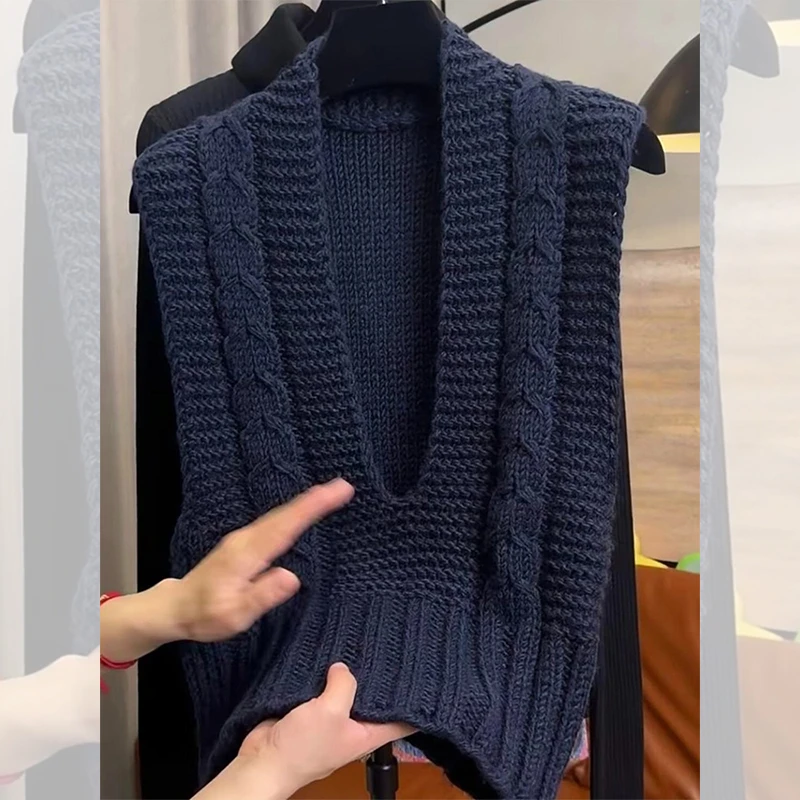洋气时髦气质高贵女装秋冬休闲外穿藏青色V领粗针织无袖马甲上衣
