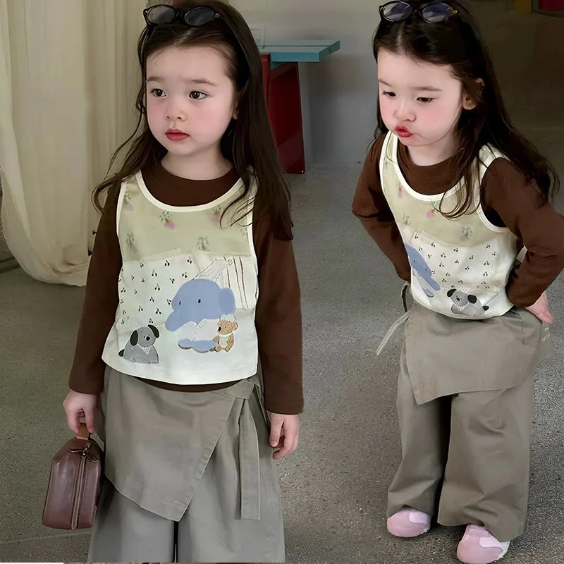 童装女童2025时髦秋款新品套装真两件长袖T恤屁帘阔腿裤洋气潮流