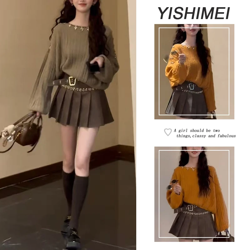 秋装搭配一整套2025年新款百搭设计感圆领针织上衣短裙两件套装