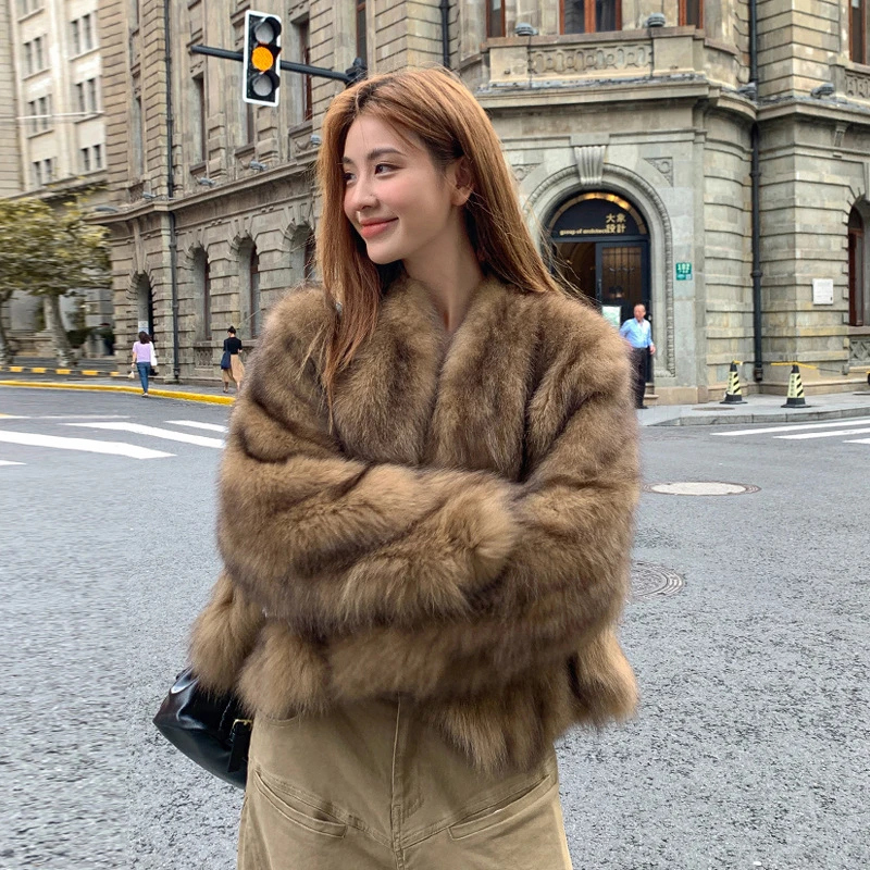 棕色狐狸毛皮草短外套女韩版冬季新款复古感加厚毛毛上衣