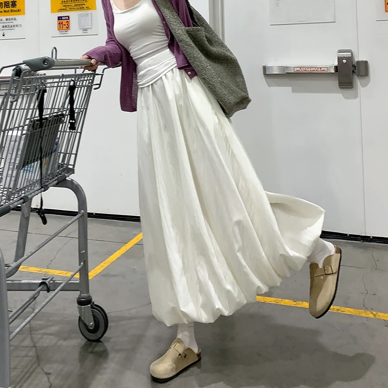 白色蓬蓬花苞裙女夏季2025新款中长款日常高腰半身裙子薄款泡泡裙