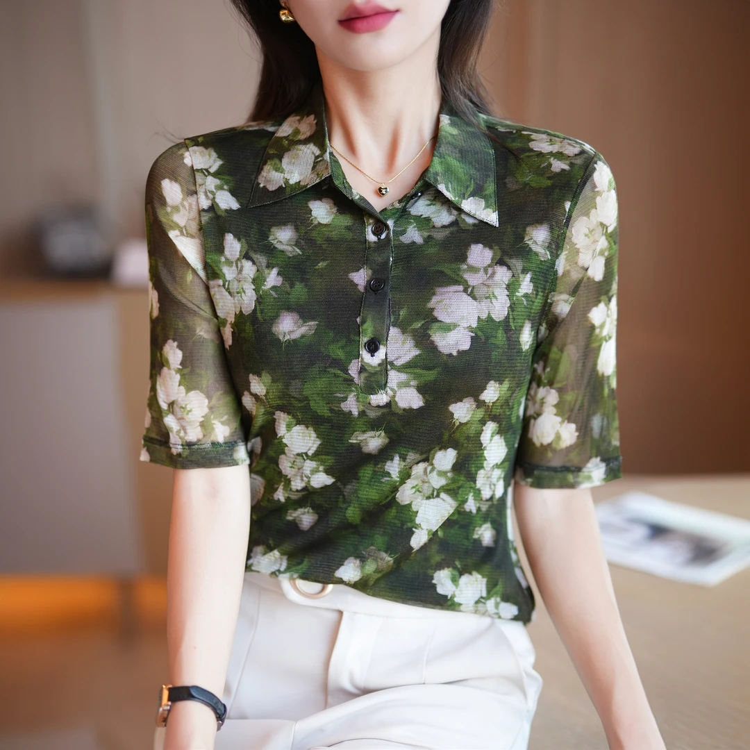 元杉 新款女士双层网纱POLO领印花五分袖T恤气质显瘦套头衫