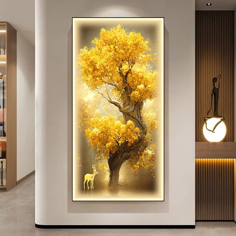 发财树玄关带灯装饰画走廊过道轻奢高档黄金大树竖版2025新款挂画