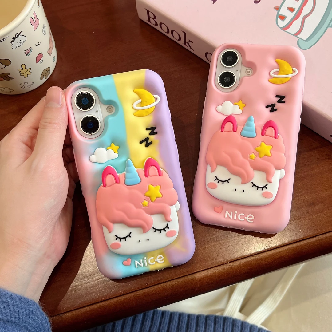 (苹果)独角兽支架可爱适用iPhone16卡通ins少女款立体硅胶手机壳