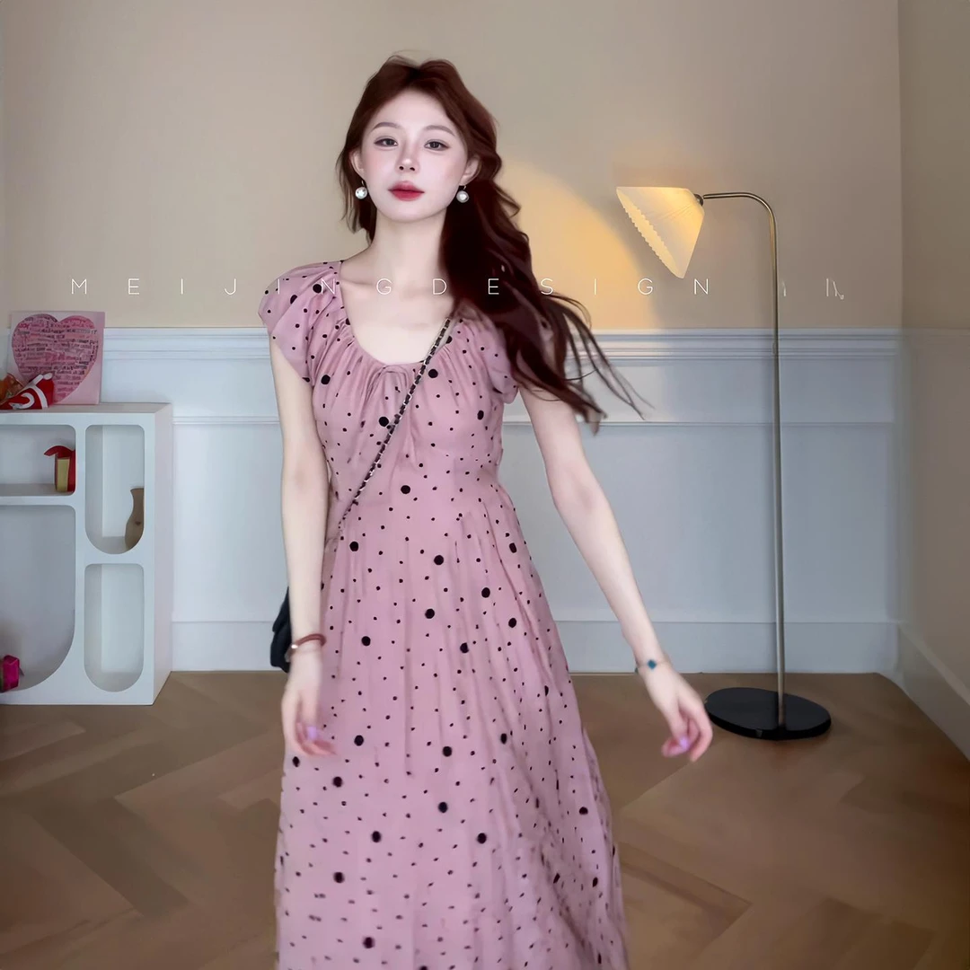 VOCKOO官方2025夏季波点气质身粉色连衣裙2025夏新品绝美长裙女