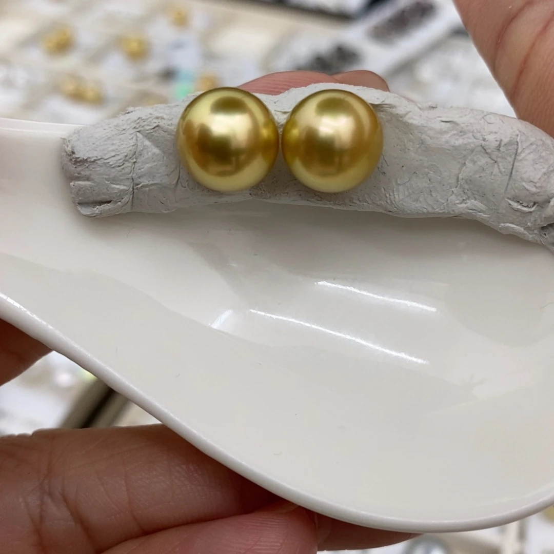 海水珍珠裸珠未镶嵌金珠果绿对珠10-11