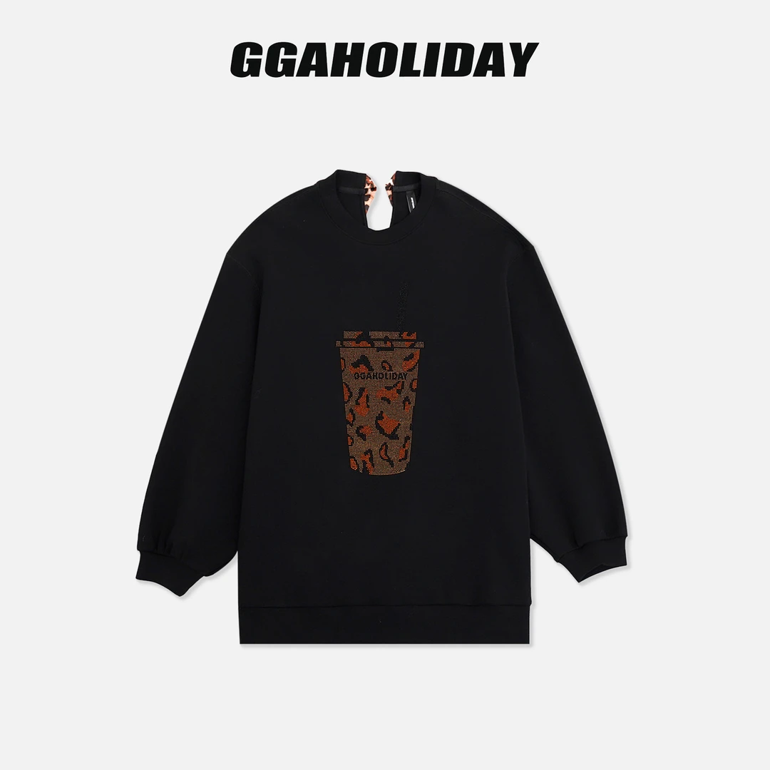 GGAHOLIDAY7时尚休闲宽松潮流百搭烫钻豹纹拼接长袖卫衣-154047