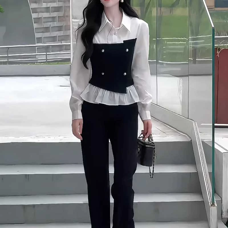 【两件套】穿搭喇叭裤两件套女2025新款时尚高级感衬衫套装D0496