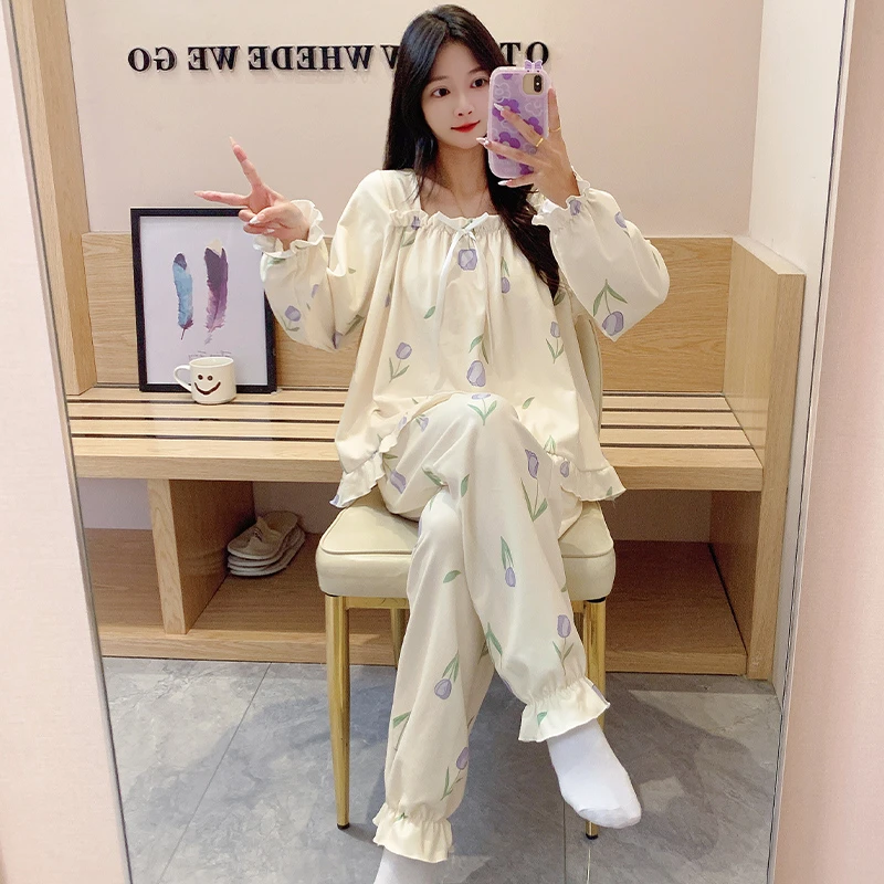 睡衣秋冬款女士长袖德绒保暖春季家居服郁金香可爱卡通套装可外穿
