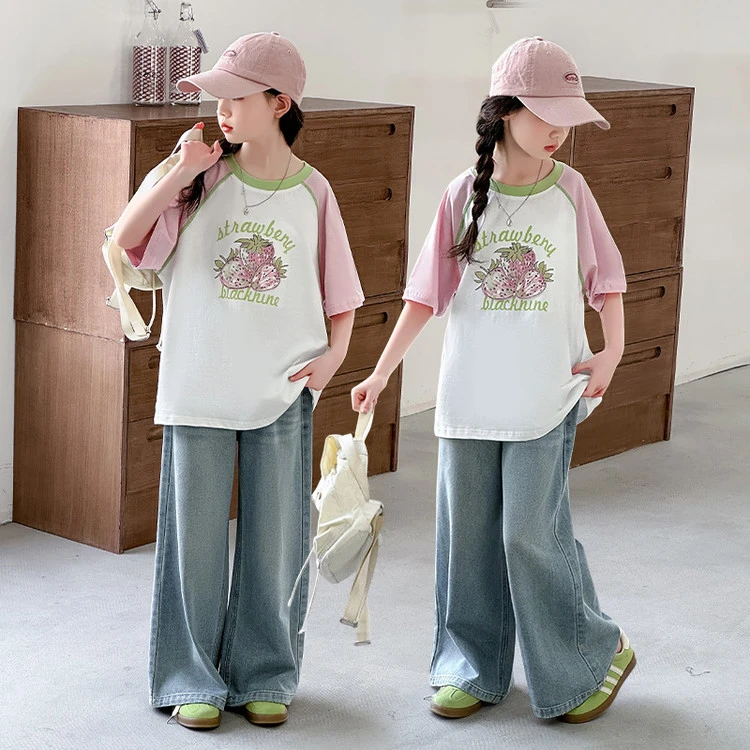女童夏季短袖T恤2025新款洋气中大童夏装牛仔裤儿童t恤上衣两件套