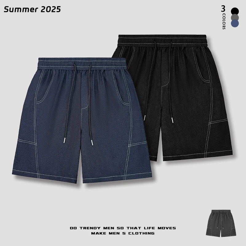 夏季新品牛仔明线休闲短裤男复古潮流时尚百搭宽松直筒百搭五分裤