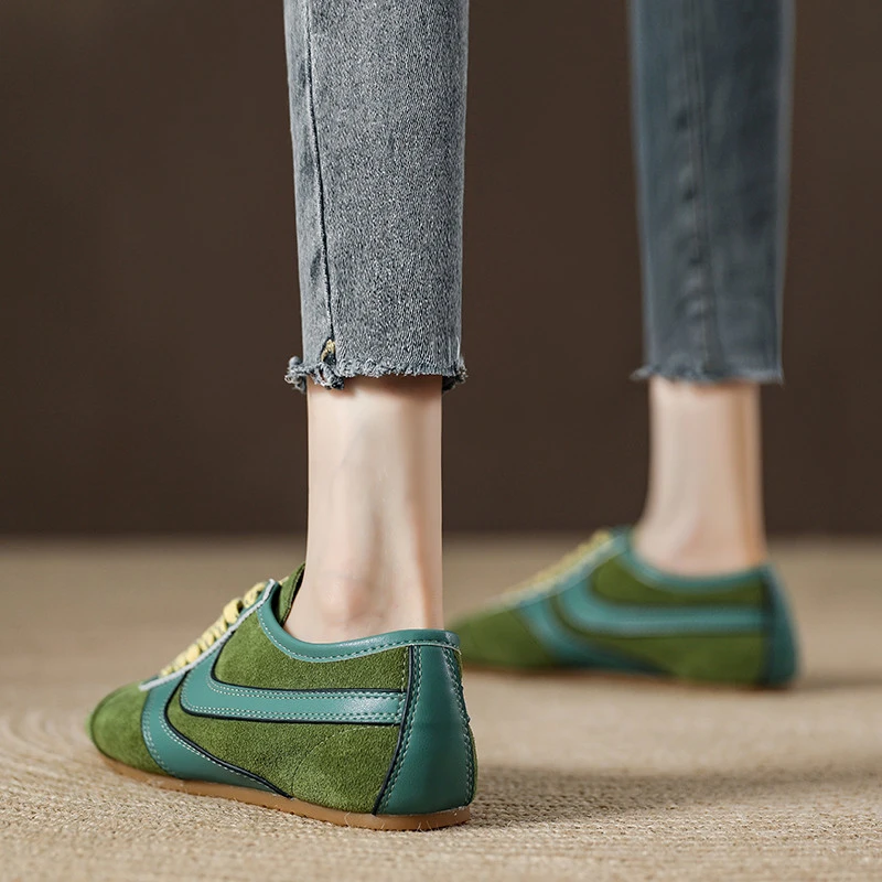 绿色真皮复古德训鞋女平底休闲阿甘鞋2025夏季新款美式运动板鞋女