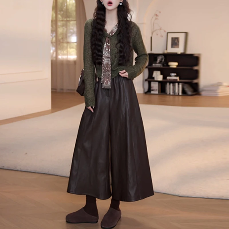 2025秋季新款纯色针织长袖上衣+高腰休闲裤两件套女时尚通勤衣服