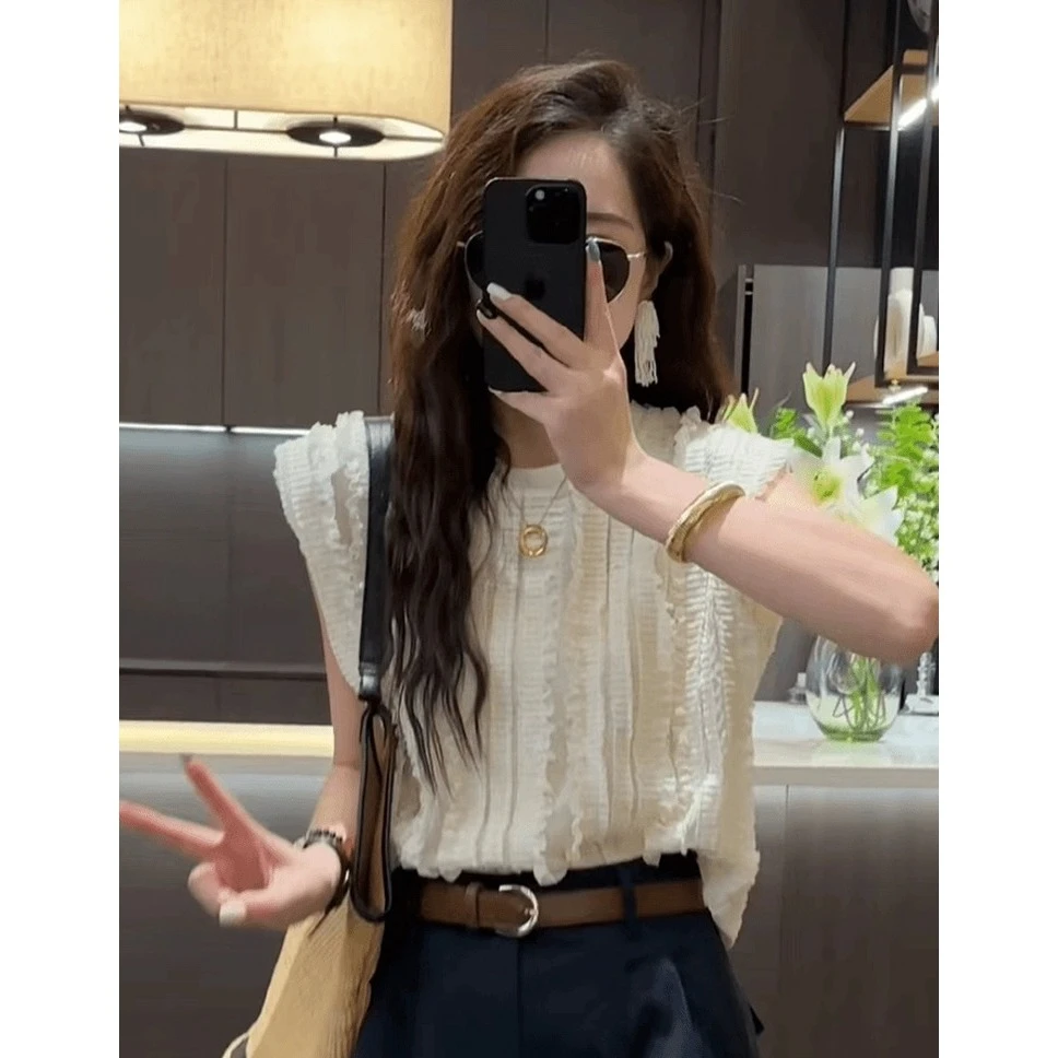 小香风圆领飞飞袖衬衫女夏季大码胖mm独特漂亮好看木耳边小衫上衣