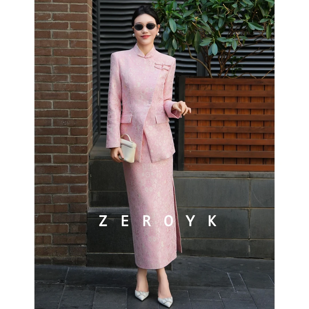 ZEROYK 翎蔻高定职业装设计感中式复工提花盘扣西服半身裙两件套