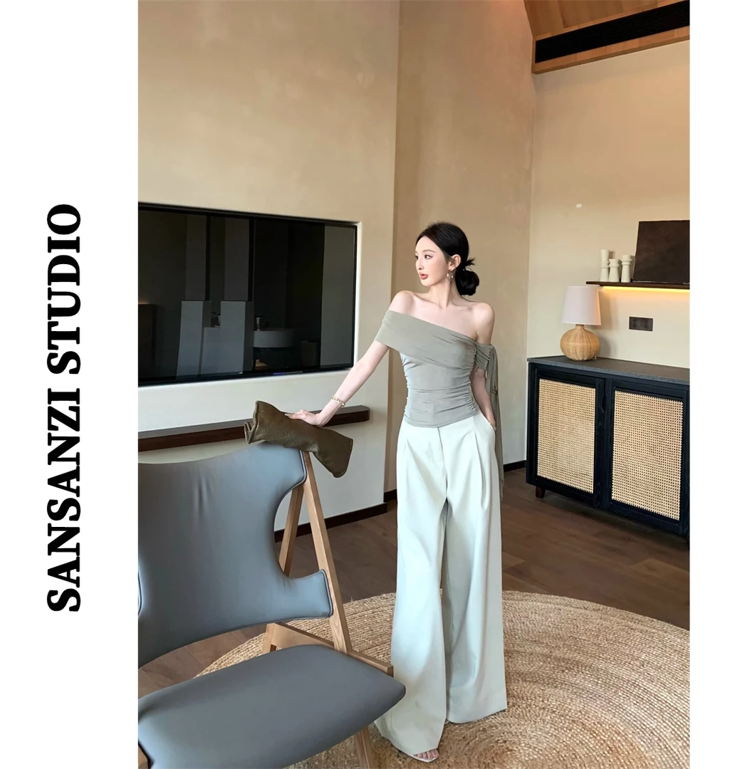 SANSANZI辣妹套装一字肩性感修身T恤女夏季高腰宽松拖地裤两件套