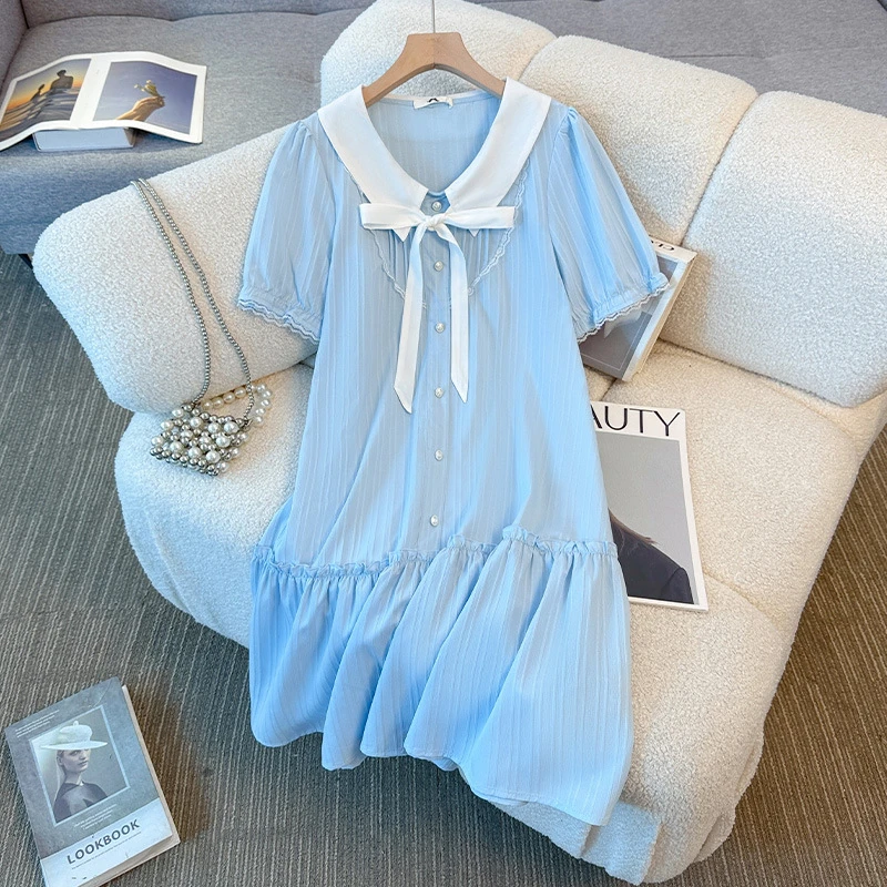 YH-66982大码女装胖mm夏新款高级感娃娃领系带连衣裙小清新甜美