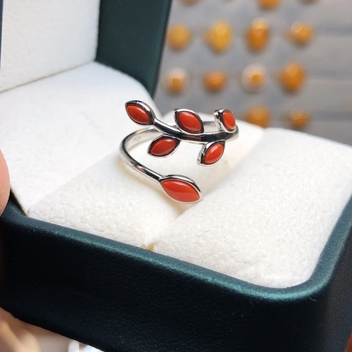 南红玛瑙银S925镀金镶嵌戒指