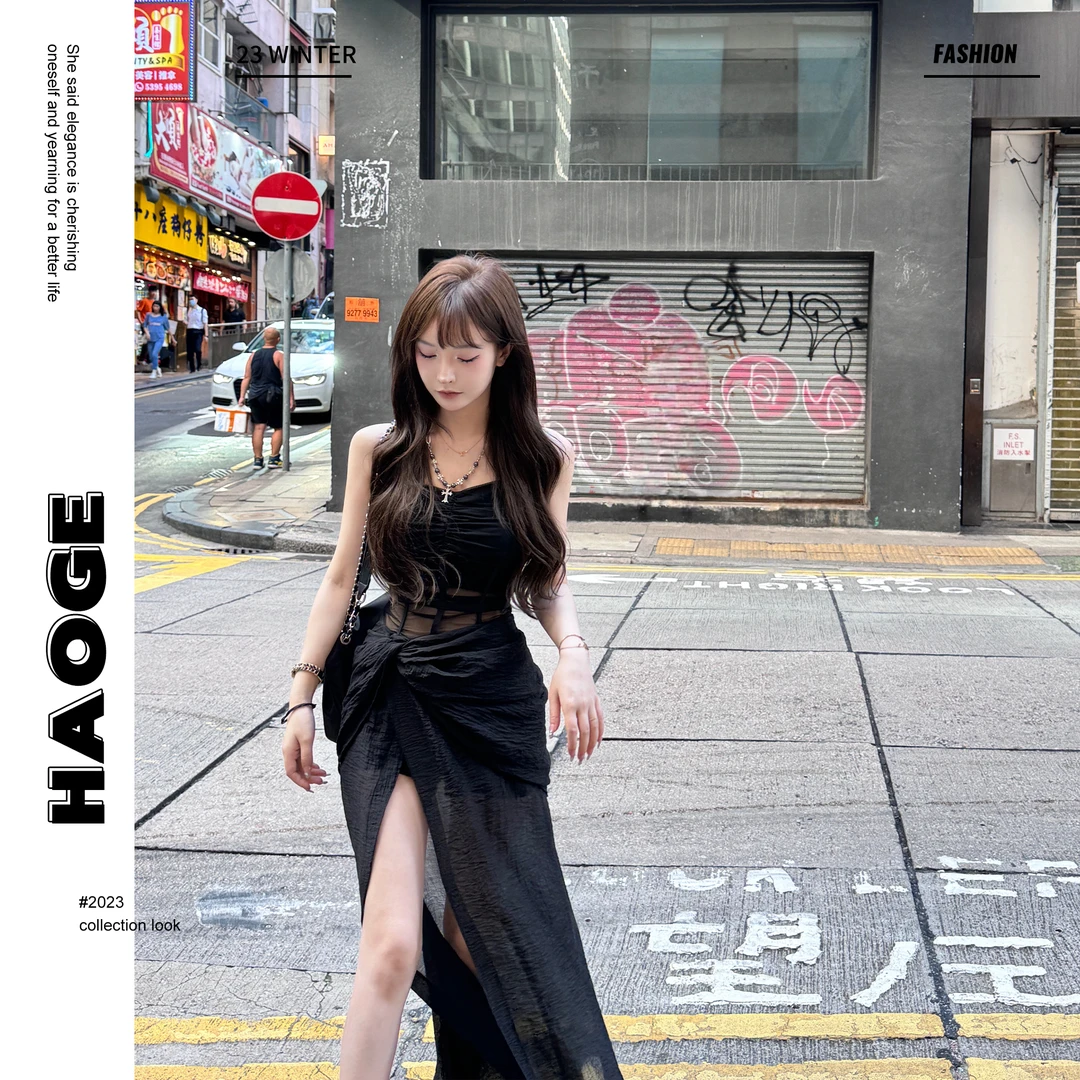洋洋●致命陷阱X4LYQ0918A时尚性感黑色吊带连衣裙莫奈花园风