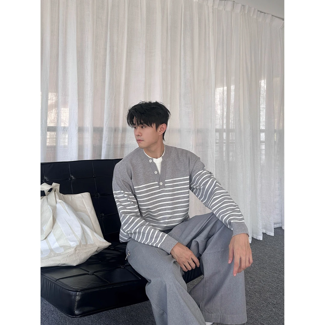【白月朝阳】Bloom Studio条纹假两件毛衣开衫男百搭休闲针织衫潮